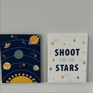Space Wall Art Canvases - Navy, White & Yellow